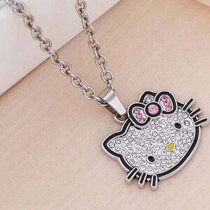 Silver Tone Crystal Hello Kitty Pendant Necklace with Pink Bow